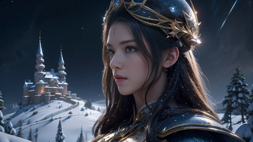 masterpiece, rest, best quality, Very detailed, Super real, 16K, high resolution, castle,snow, ((Starry Sky)),Female Warrior,Gorgeous armor,Complex Mode,Large Breasts,Pretty Face,dramatic,Half-length photo