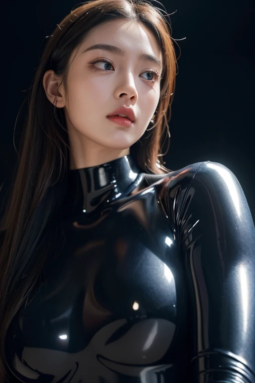(Raw photo:1.2)、Highest quality、Beautiful detailed girl、Tight bodysuit、Latex bodysuit, Laughter、Highly detailed eyes and face、Beautiful and fine details、Large file size、High resolution、High resolution、8k wallpaper details、Highly detailed Ticker uniform 8K wallpaper、Light on the face、Cinema Lighting、18-year-old girl、Sexy pose、(Photorealism:1.4)、Awareness-raising、Surrealism、 From below、Super Detail、masterpiece