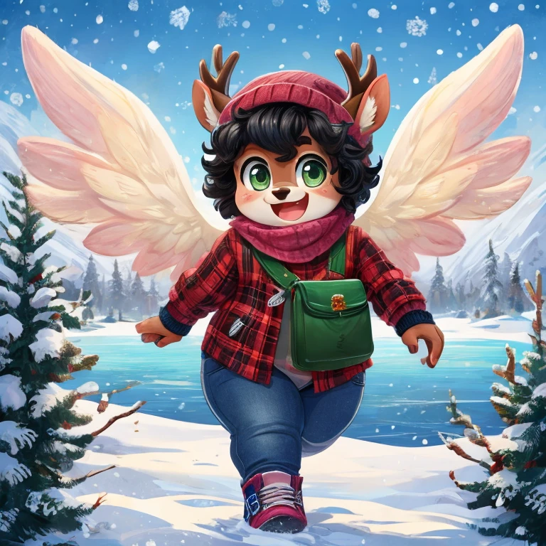 Cute, deer boy, small deer antlers, innocent, chubby, fat, big thighs, androgynous, femboy, short curly hair, black hair, fawn spots, freakles, ((cute)), smiling, wearing cottage core outfit, pastel color scheme, young, cartoony, adorable, deer tail, moss green eyes, angel wings, dynamic pose, excited pose, energetic pose, happy pose, winter, winter clothes, white and blue color scheme, winter colors, snow, ice, wearing a soft flannel shirt in a muted plaid pattern, layered over a fitted long-sleeve tee with dark wash jeans, slightly cuffed at the ankles and a puffer jacket in navy with a knitted beanie fingerless gloves and a chunky knit infinity scarf along with classic leather sneakers or combat boots and a crossbody bag and simple stud earrings, walking next to a frozen lake,
