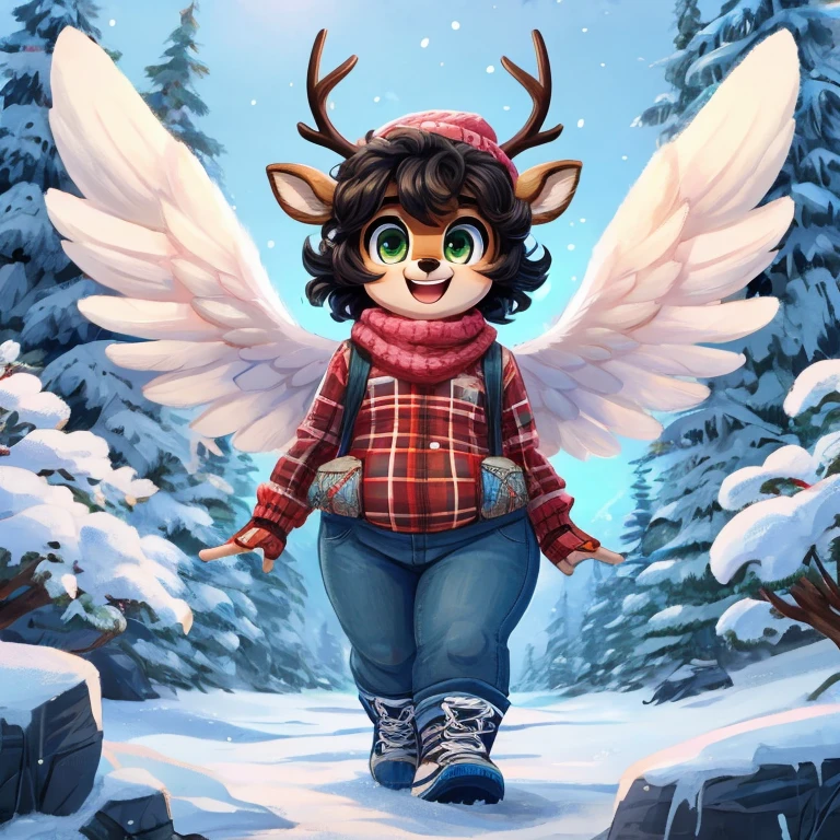 Cute, deer boy, small deer antlers, innocent, chubby, fat, big thighs, androgynous, femboy, short curly hair, black hair, fawn spots, freakles, ((cute)), smiling, wearing cottage core outfit, pastel color scheme, young, cartoony, adorable, deer tail, moss green eyes, angel wings, dynamic pose, excited pose, energetic pose, happy pose, winter, winter clothes, white and blue color scheme, winter colors, snow, ice, wearing a soft flannel shirt in a muted plaid pattern, layered over a fitted long-sleeve tee with dark wash jeans, slightly cuffed at the ankles and a puffer jacket in navy with a knitted beanie fingerless gloves and a chunky knit infinity scarf along with classic leather sneakers or combat boots and a crossbody bag and simple stud earrings, walking next to a frozen lake,
