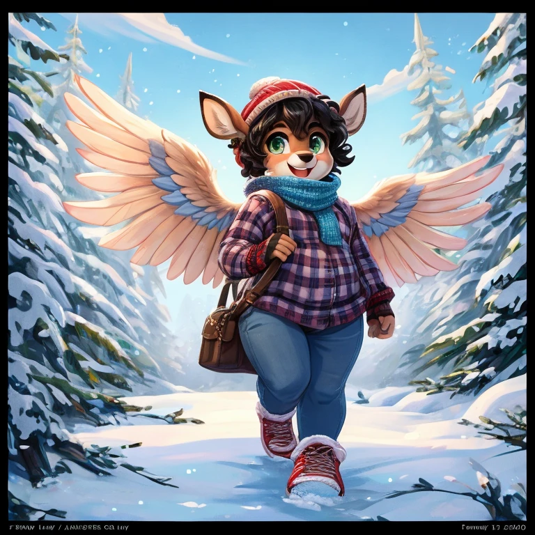 Cute, deer boy, small deer antlers, innocent, chubby, fat, big thighs, androgynous, femboy, short curly hair, black hair, fawn spots, freakles, ((cute)), smiling, wearing cottage core outfit, pastel color scheme, young, cartoony, adorable, deer tail, moss green eyes, angel wings, dynamic pose, excited pose, energetic pose, happy pose, winter, winter clothes, white and blue color scheme, winter colors, snow, ice, wearing a soft flannel shirt in a muted plaid pattern, layered over a fitted long-sleeve tee with dark wash jeans, slightly cuffed at the ankles and a puffer jacket in navy with a knitted beanie fingerless gloves and a chunky knit infinity scarf along with classic leather sneakers or combat boots and a crossbody bag and simple stud earrings, walking next to a frozen lake,