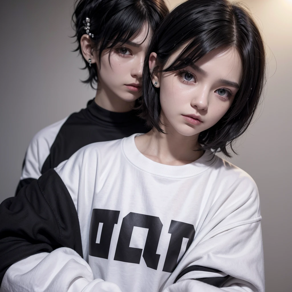 shorth hair, Pixie, reddish eyes, Bblack hair, best qualityer, 8K, looking at the observer, medium locks, Kizi, long eyelash white, 2 cheek piercing, mouth piercing, black sweatshirt, white long sleeves.