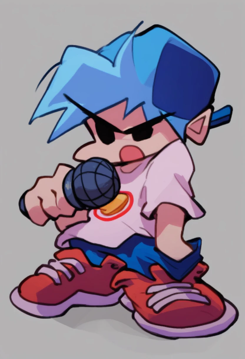 boyfriend_fnf, solo, open mouth, simple background, shirt, 1boy, hat, holding, blue hair, full body, male focus, shoes, pants, red footwear, sneakers, microphone, holding microphone, black eyes,