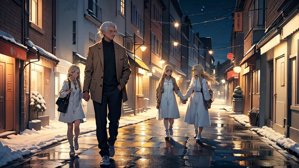 ((best quality)), ((work of art)), ((detailed)), man with white hair, casual clothes, accompanied by two women: one with brown hair and bangs, and the second woman with blonde hair in braids, both wearing white dresses, walking at night on a snowy street
