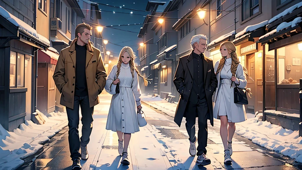 ((best quality)), ((work of art)), ((detailed)), man with white hair, casual clothes, accompanied by two women: one with brown hair and bangs, and the second woman with blonde hair in braids, both wearing white dresses, walking at night on a snowy street