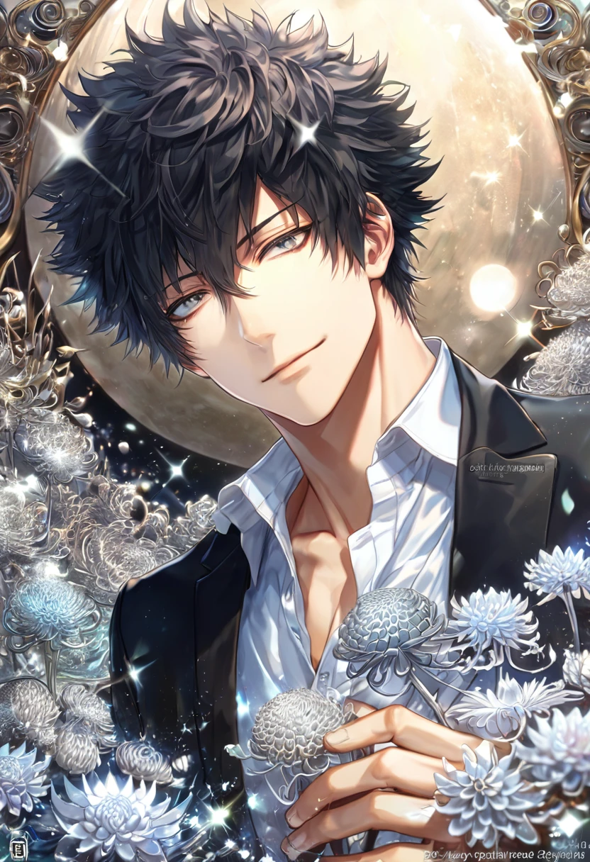 absurdres, highres, ultra detailed, HDR, master piece, best quality, extremely detailed, Kougami Shinya, black hair, expressive gray eyes, Psycho Pass, solo, sexy man, handsome, smile, black jacket, white shirt, fantasy, water, sparkling, silver glittering fireflies, silver moon, silver blossoms, silver chrysanthemums, silver sparkling lights, starry sky, magical