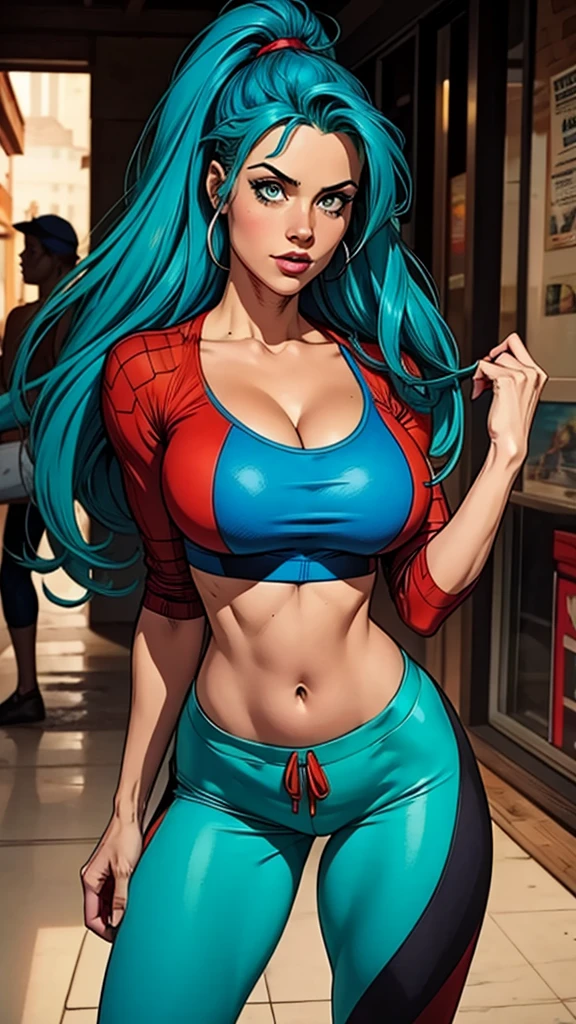 (beautiful,detailed eyes green),(blue hair,unique),(mint t-shirt,jeans),(female,1girl) busty. Voluptuos. Comic style. Marvel comics.