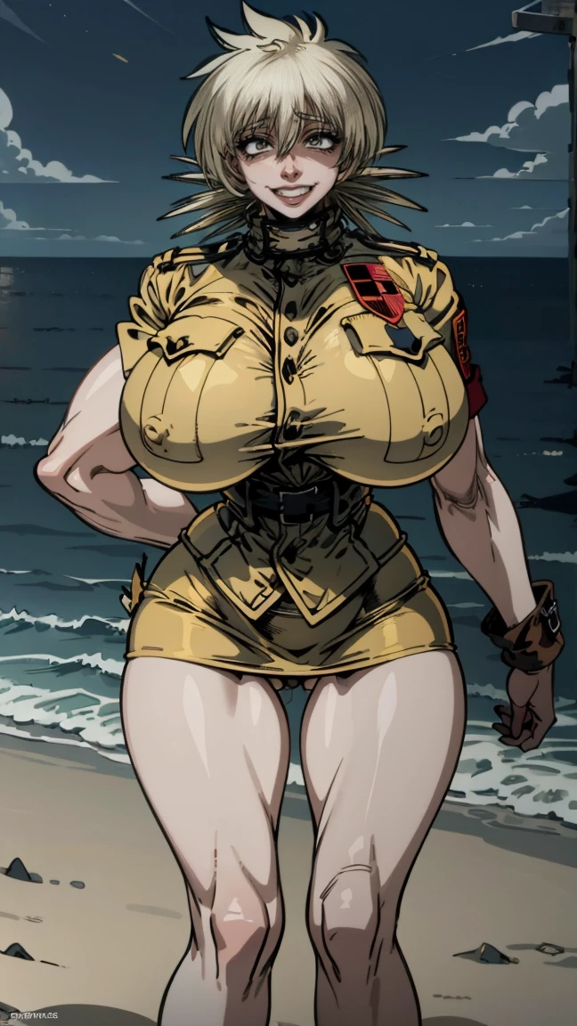 Seras Victoria,  milf, old woman, yellow hair, uniforme militar color arena,  ((sand-colored military uniform, unbuttons her jacket, shows her breasts, sand colored mini skirt , flushed, smile coqueta, black lipstick, gothic aesthethics)) , (( flushed, smile, oiled skin)), (( rubor, Caderas anchas)), Curvy body, (( gigantic sagging breast, bragas visibles )), long legs, open legs,Iparuputsua, squat, ((de rodillas)), on the beach at night, city lights in the distance, Cancun, image from below