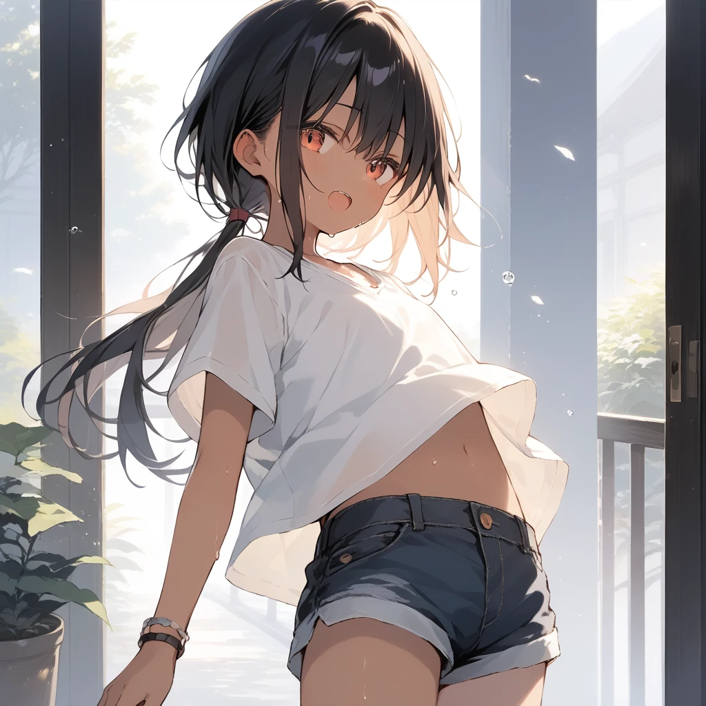 score_9, score_8_up, score_7_up, source_anime, best quality, masterpiece, official art, absurdres, highres, ultra-detailed,waifu2x,Collection: Slice of Life,break,1girl, tomboy, dark-skinned female, short hair, low ponytail, flat chest, beautiful detailed eyes, short shorts, sweat, open mouth, (yawn:0.3), sleepily, outdoors, wind,break,(clear line illustration:1.2), super detailed skin,very high resolution, very aesthetic, Best sexual lighting powered by famous artist, 8k,cute picture,beauty illustration,photoshop_(medium),,(Detailed Lighting),best anime 8k konachan wallpaper, pixiv contest winner,