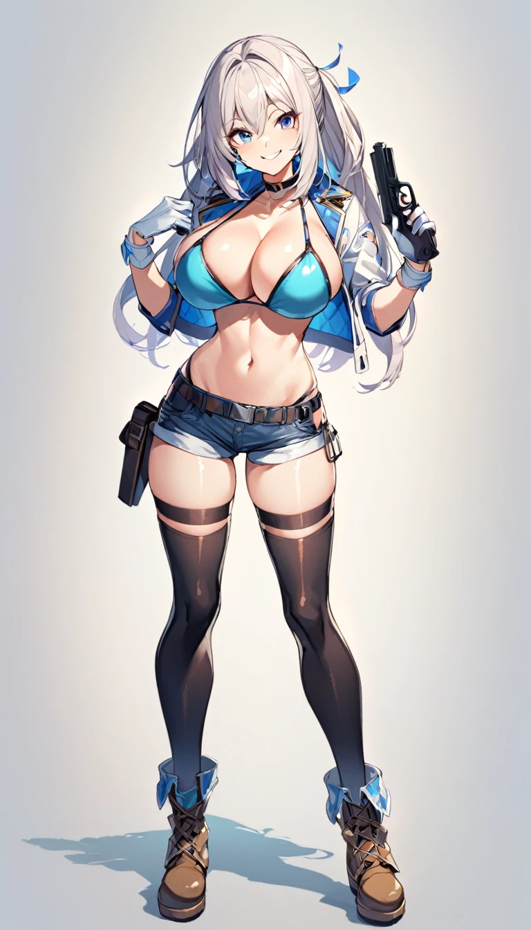 girl,big breasts,Bikini Tops,hot pants,gloves,smile,boots,Knee-high socks,full body Shot,hand pistol,