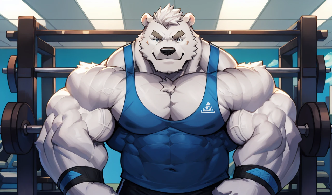 Brock Ólafsson The Huge Muscled Polar Bear, with White Hair, Blue Tank Top, Black Wristbands and Black Gym Shorts, Flexing His Thorax.