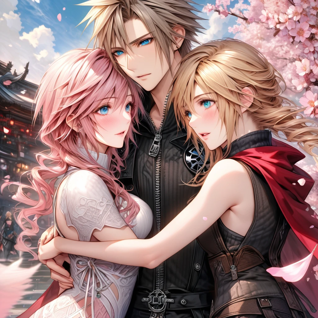 Ultra detailed, HDR, Highres, absurdres, master piece, Claire Farron, wavy pink short hair, expressive aqua pale eyes, Lightning Farron, Final Fantasy XIII, Cloud Strife, blond hair, expressive blue eyes, Final Fantasy VII (Advent Children), a beautiful woman together with a handsome man, couple, love, fantasy, magical, white feathers, pink petals, best quality, white and black clothes with patterns, red cape, blossoms, pink flowers, cherry blossoms