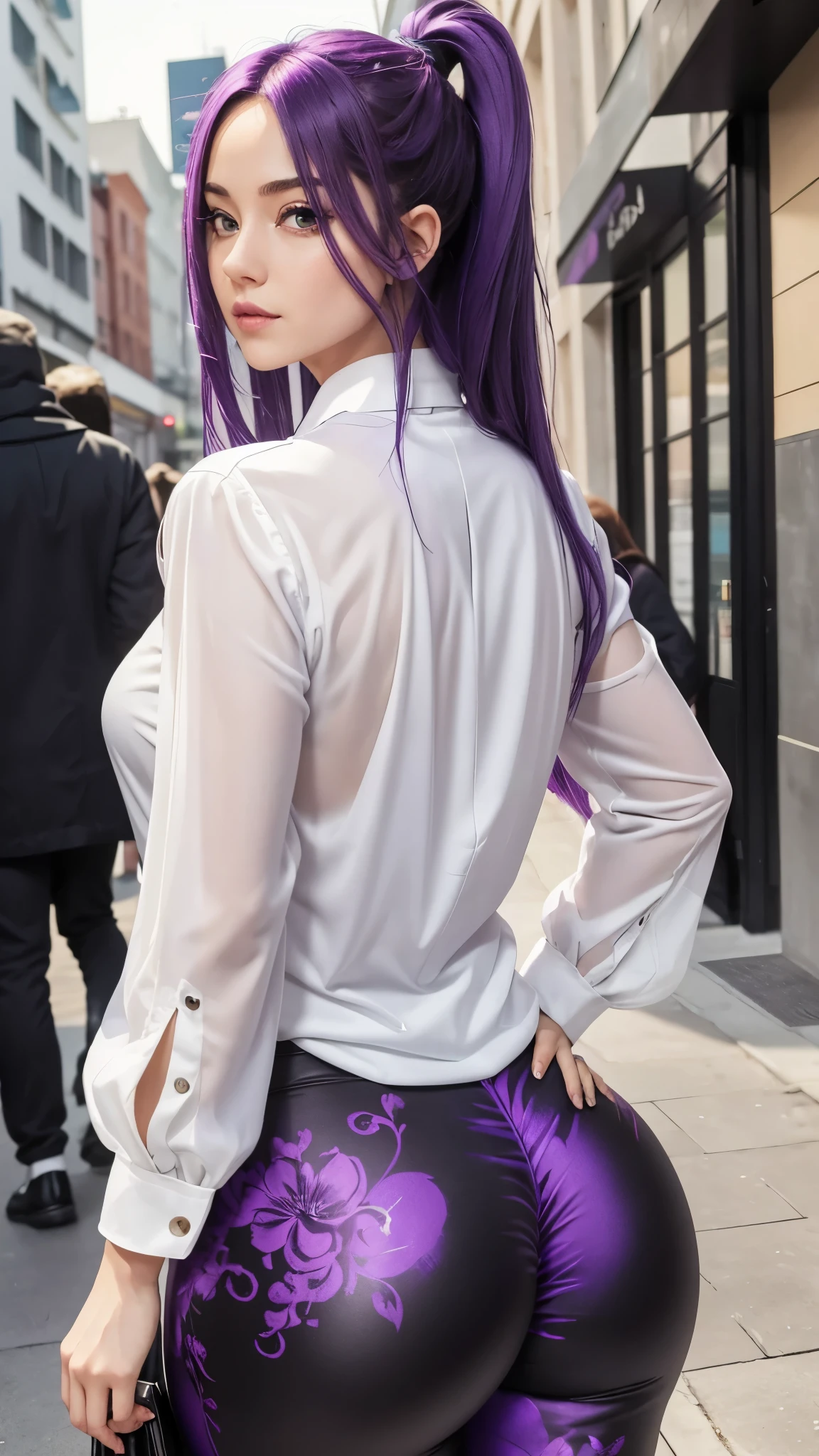 She sports striking purple hair that reaches her back.  Her hazel eyes add warmth to her expression.  She dresses in a modern outfit, with a printed white blouse and black pants that reflect her more relaxed but chic style. Big , big hip, big legs, big ass, NSFW