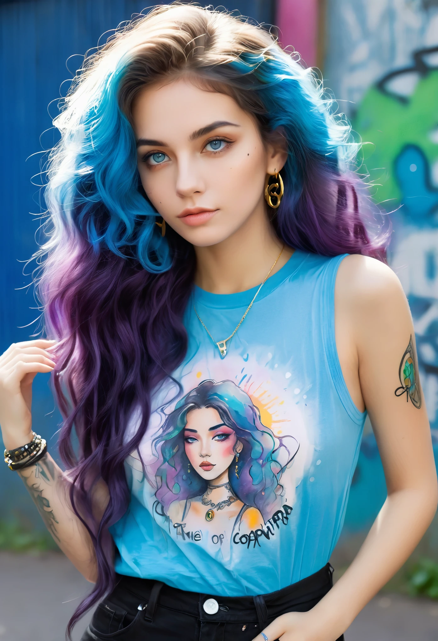 best quality,watercolor,ink,Oil Pen,painting,Upper body portrait,The original essence of the tattoo street style icon,Rebellious energy,Wear an oversized t-shirt with a logo,Vibrant graffiti as background,Avant-garde fashion,Feeling,Confident appearance,Colorful hair,light through the mist,(1 girl),Long curly hair,blue eyes,A small smile