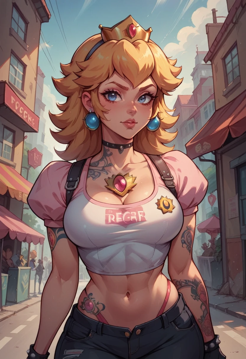 Imagine Princess Peach as a reveled female bounty hunter, with tattoos, in a crime neighborhood in a city and a cyber-punk era.