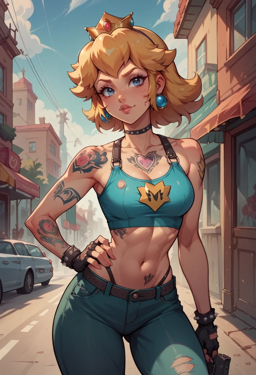 Imagine Princess Peach as a reveled female bounty hunter, with tattoos, in a crime neighborhood in a city and a cyber-punk era.