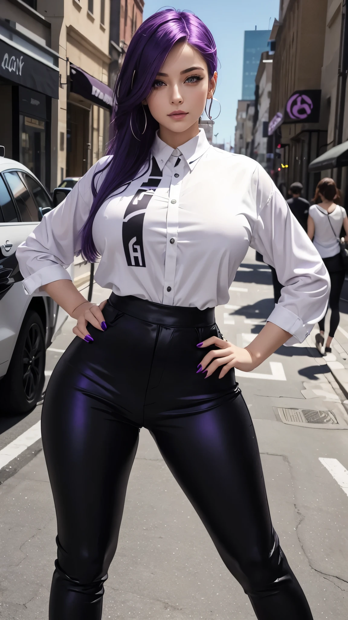 She sports striking purple hair that reaches her back. Her hazel eyes add warmth to her expression. She dresses in a modern outfit, with a printed white blouse and black pants that reflect her more relaxed but chic style. Big , big hip, big legs, big ass, NSFW