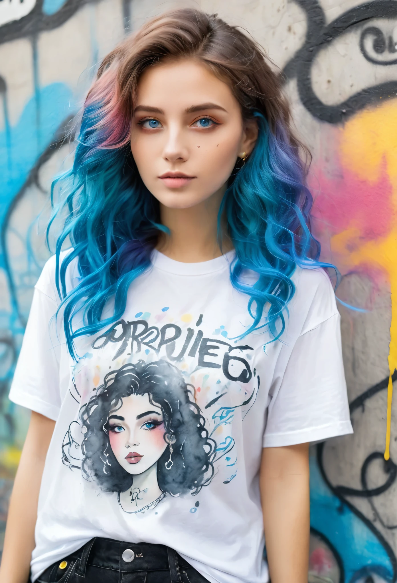 best quality,watercolor,ink,Oil Pen,painting,Upper body portrait,The original essence of the tattoo street style icon,Rebellious energy,Wear an oversized t-shirt with a logo,Vibrant graffiti as background,Avant-garde fashion,Feeling,Confident appearance,Colorful hair,light through the mist,(1 girl),Long curly hair,blue eyes,A small smile
