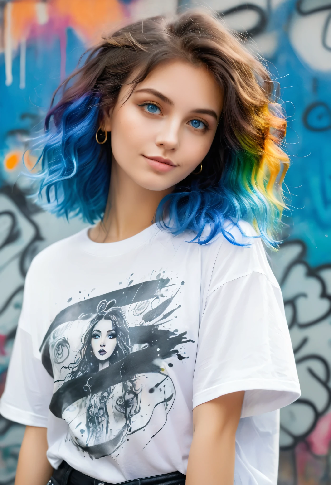 best quality,watercolor,ink,Oil Pen,painting,Upper body portrait,The original essence of the tattoo street style icon,Rebellious energy,Wear an oversized t-shirt with a logo,Vibrant graffiti as background,Avant-garde fashion,Feeling,Confident appearance,Colorful hair,light through the mist,(1 girl),Long curly hair,blue eyes,A small smile