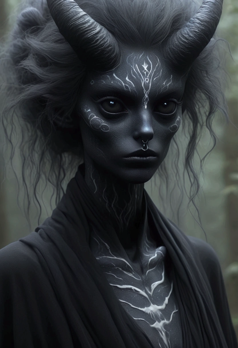 (((creature with a spectral and ghostly appearance)). Her skin is pale, almost translucent. His eyes shine with a bluish glow, he wears dark, torn clothes that float around him, as if permeated by an aura of mourning. Its appearance is complemented by details such symbols of mourning and gothic elements, further emphasizing its dark air. is portrayed as a haunted and tormented entity,{creature},face pretty face,extremely detailed,intricate details,eyes extremely detailed, high detailed eyes,16k resolution, realistic humid skin,extremely intricate details,Epic Realistic,face anatomically correct,Ultra HD,HDR, natural skin textures, hyper realism,realistic skin texture, hyper detailed,extremely Realism,Ultra Detailed,body logically correct