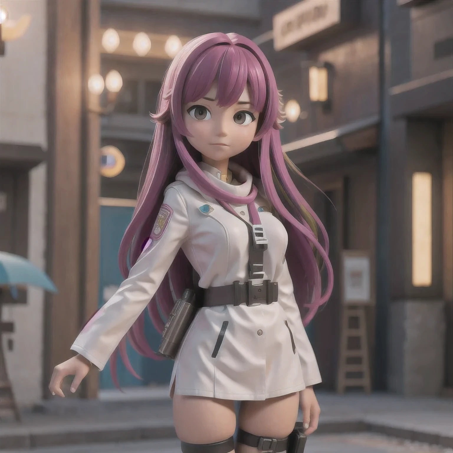fish
1girl
bangs
blurry
blurry background
blurry foreground
breasts
brown eyes
closed mouth
depth of field
gun
long hair
looking at viewer
mecha
mole
motion blur
multicolored hair
pink hair
smile
solo
thigh strap