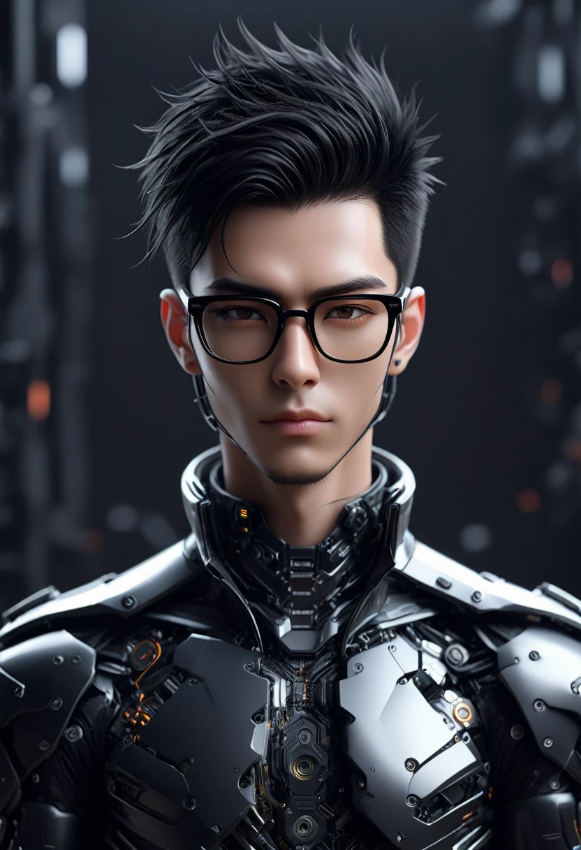 Male robot body hair with black-rimmed glasses with undercut hair, Look to the camera ::futuristic cyberpunk style ,realistic styling ::n_digital painting style, robotic parts, face perfect::seed 1、Black Edged Hair、large nose、Black-based clothing, photo by full body, White background