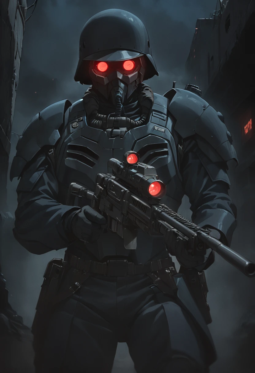 jin-roh!,1 boy,glowing,cowboy shot,strong,round eyes,backpack,no pupils,radio antenna,red eyes,dark,low-key,night,shadow,
sewer,walking,holding gun,heavy machine gun,from below,aiming at viewer,close-up,, cinematic light,masterpiece,best quality,very aesthetic,absurdres,incredibly absurdres,explit,NSFW,