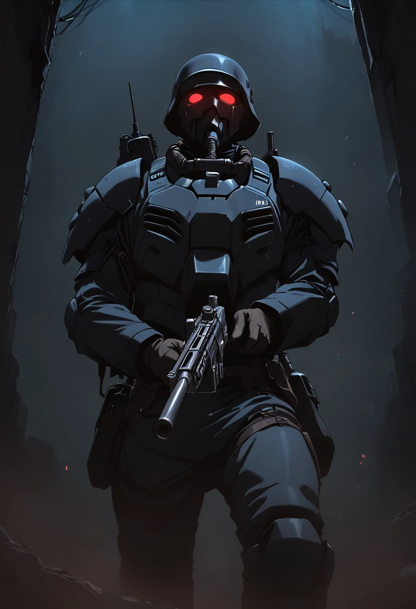 jin-roh!,1 boy,glowing,cowboy shot,strong,round eyes,backpack,no pupils,radio antenna,red eyes,dark,low-key,night,shadow,
sewer,walking,holding gun,heavy machine gun,from below,aiming at viewer,close-up,, cinematic light,masterpiece,best quality,very aesthetic,absurdres,incredibly absurdres,explit,NSFW,