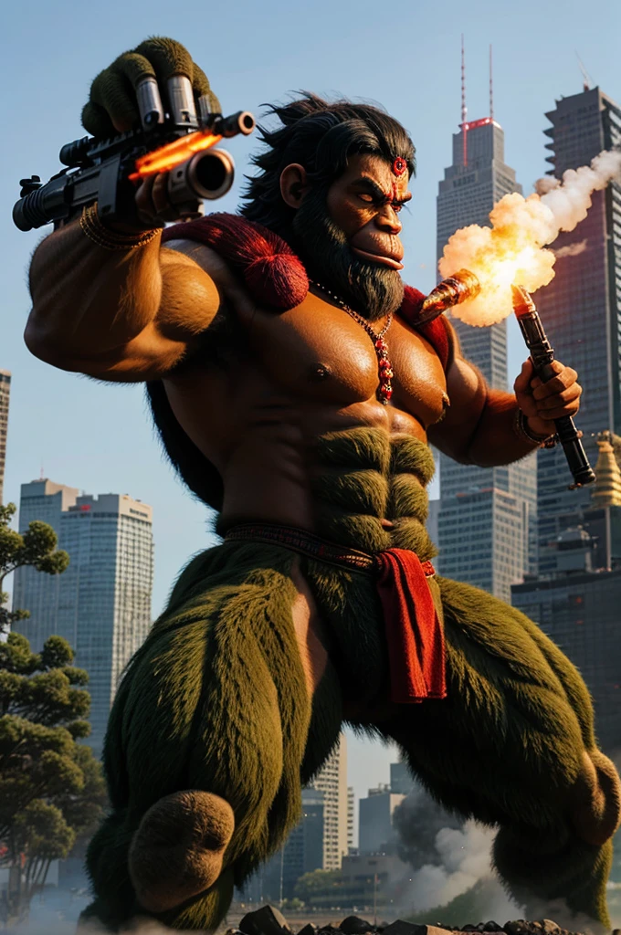 Lord Hanuman firing sniper gun against a Godzilla 