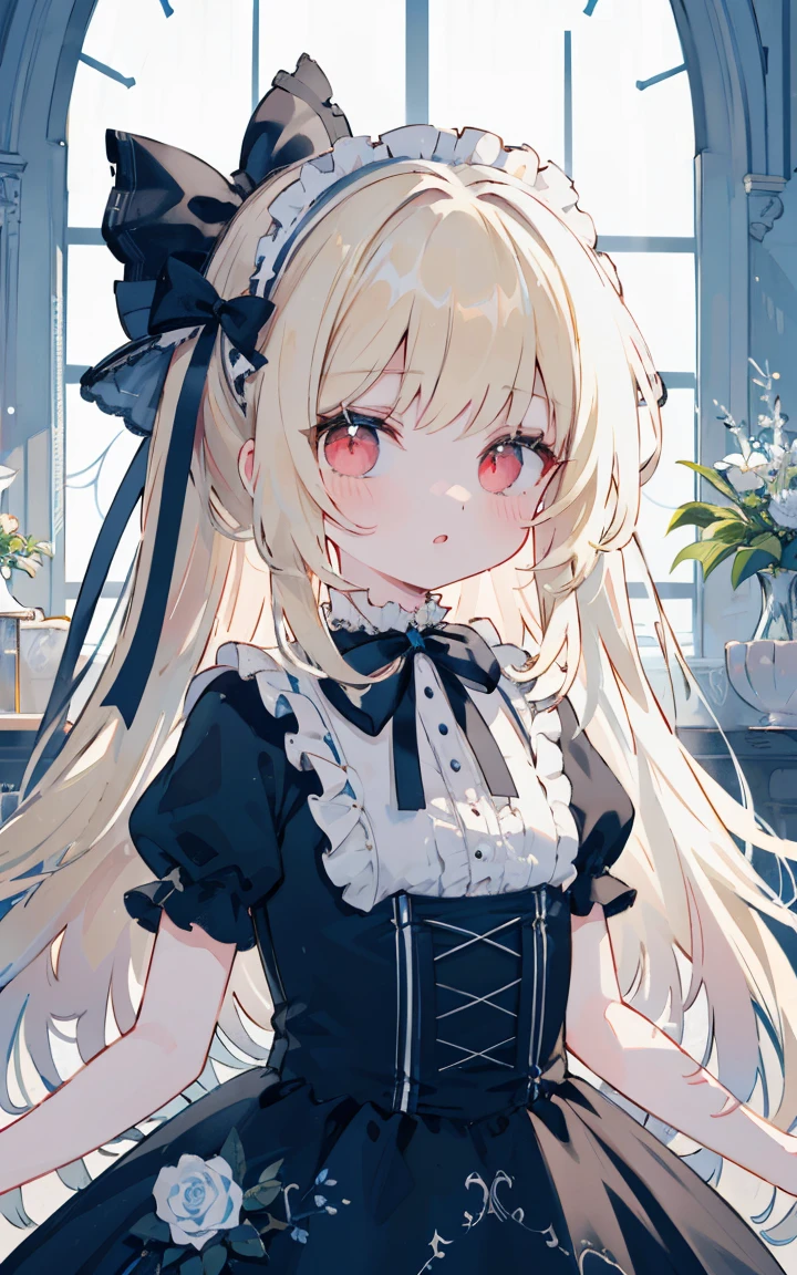 masterpiece, top-quality, masterpiece, top-quality,ighly detailed,{top-quality}, {{masterpiece}}, {hight resolution},original, {extremely delicate and beautiful},masterpiece, top-quality,ighly detailed,{top-quality},Blonde straight、bow ribbon、pastels、 ((((lolita)))), frilld、Evil Flower{hight resolution}, Very detailed 8k wallpaper, 1girl in, red eyes, (Low Gothic:1.24)、