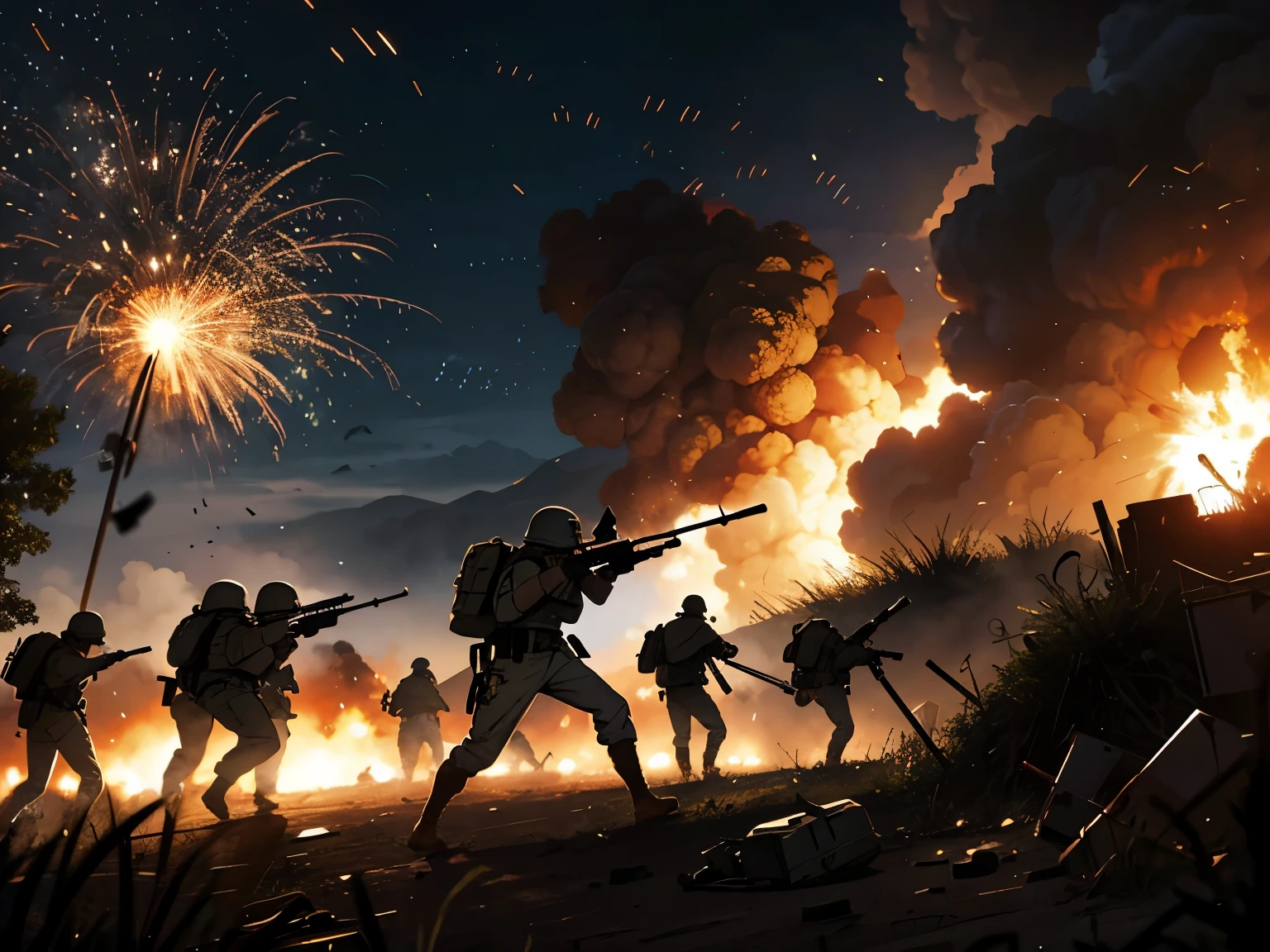 The platoon of soldiers is ambushed; explosions and gunfire surround them. Rafael is seen being captured by enemy soldiers.
