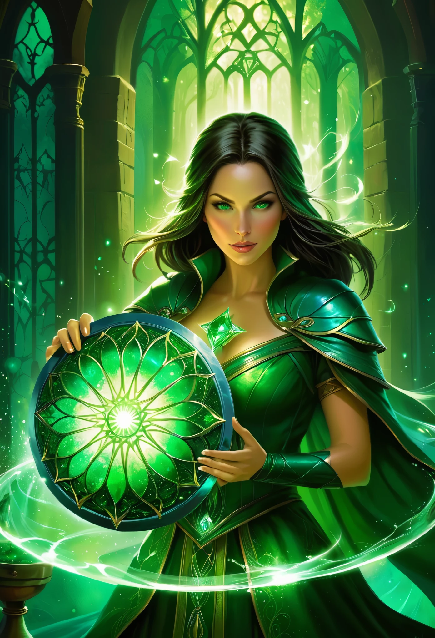A powerful spell that creates a magical protective barrier, A woman uses green magic to summon a magical shield fit for a fantasy world.