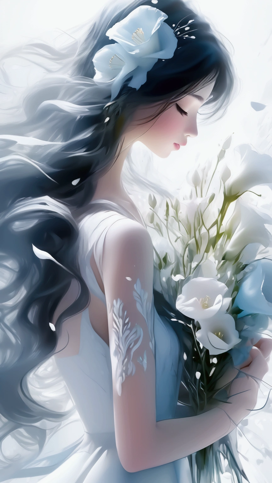 1girl, long hair, flower, Lisianthus, in the style of white and light azure, dreamy and romantic compositions, white, ethereal foliage, playful arrangements, fantasy, high contrast, ink strokes, explosions, over exposure, white and white tone impression, abstract, attractive pose,
