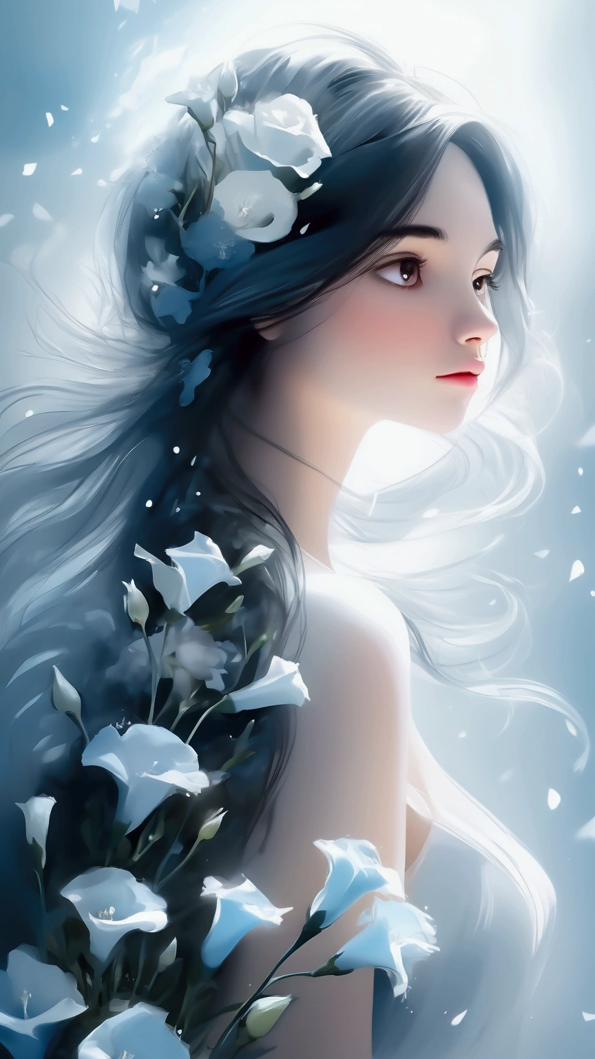1girl, long hair, flower, Lisianthus, in the style of white and light azure, dreamy and romantic compositions, white, ethereal foliage, playful arrangements, fantasy, high contrast, ink strokes, explosions, over exposure, white and white tone impression, abstract, attractive pose,