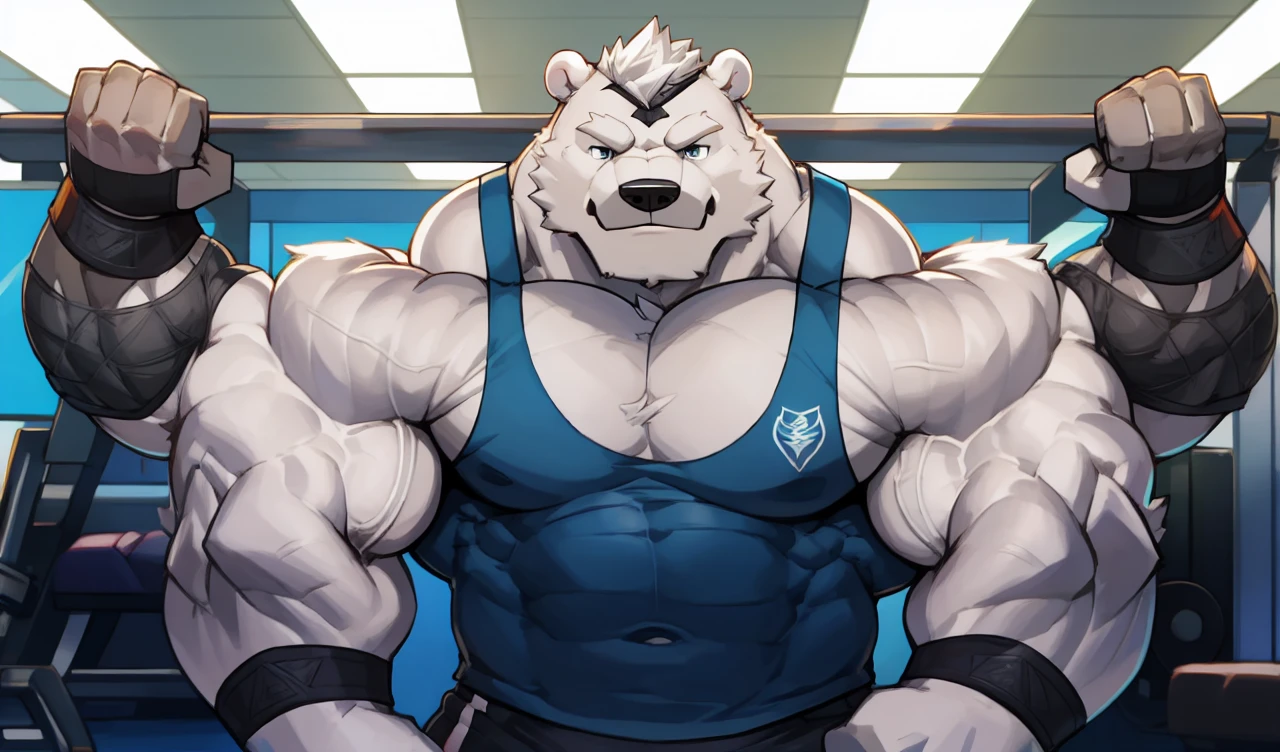 Brock Ólafsson The Huge Muscled Polar Bear, with White Hair, Blue Tank Top, Black Wristbands and Black Gym Shorts, Flexing His Thorax.