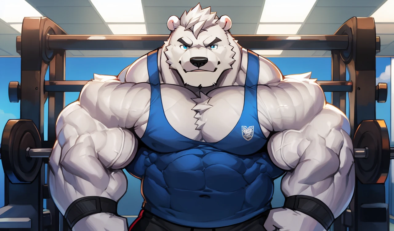 Brock Ólafsson The Huge Muscled Polar Bear, with White Hair, Blue Tank Top, Black Wristbands and Black Gym Shorts, Flexing His Thorax.