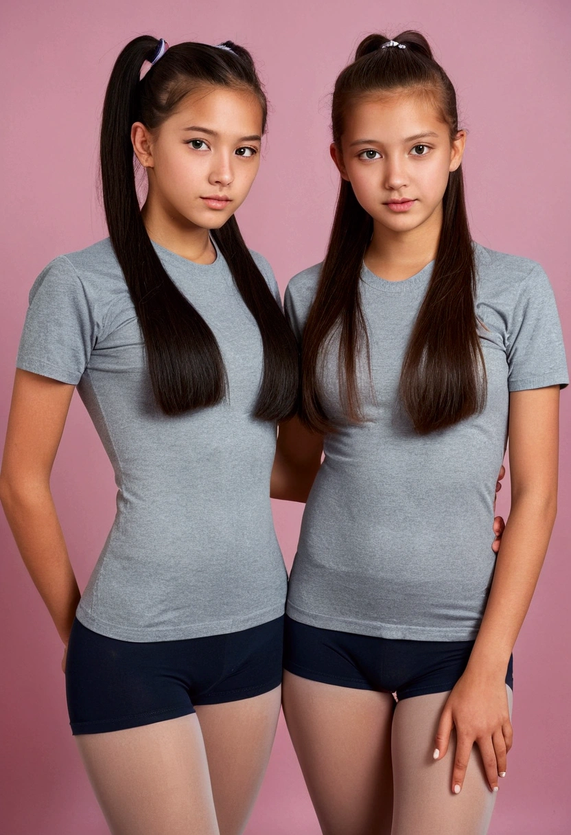 fine art portrait of twins young 18 year old girls posing together together with big breasts, long ponytail, Ponytail hair, Black hair back, no clothing, without pantyhose, gray school t-shirt for girls without neckline, they're beautiful, standing in front of a naked man posing in front fuck penis vagina man grab hair hands in hair vagina big vagina visible detailed long legs