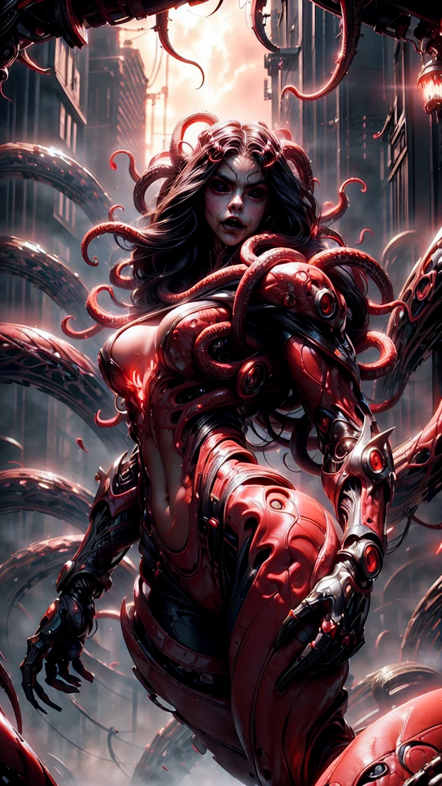 (beautiful girl:1.25), (megan fox:1.25), (young bodybuilder girl wearing cybernetic muscle suit:1.25), (medusa head with huge long tentacles:1.25), carnage muscular physique, seductive face, mouth wide open carnage style, long red hair, perfect muscular body, super skinny legs, sissy, femboy, (carnage style physique)