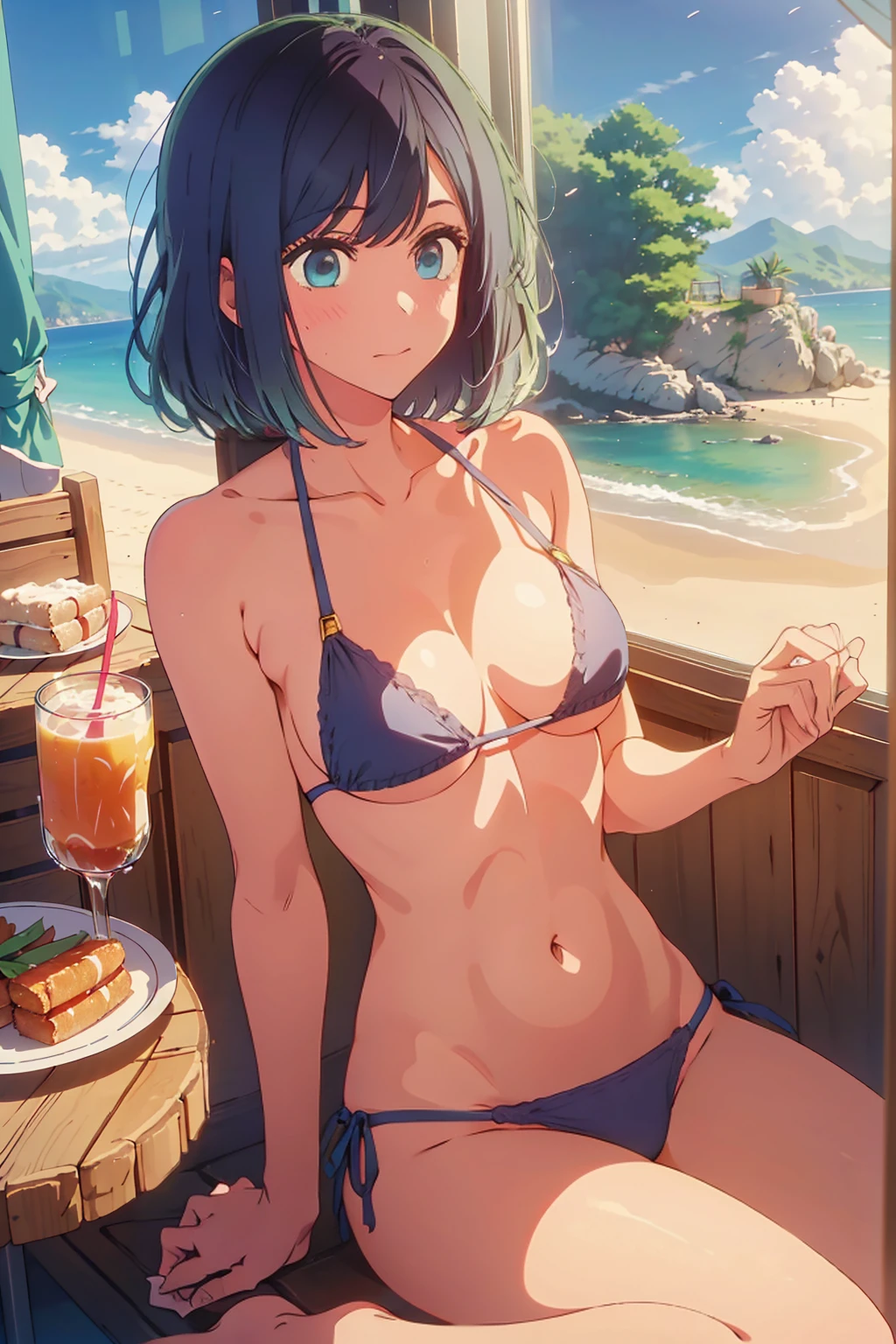 (Highest quality:1.4、masterpiece:1.4、Super detailed:1.4、8K:1.4)、((((1 person、Surprised expression、sit、Indoor cafe terrace、coastal、juice、table、Sandy Beach、juiceのグラスを持つ、Micro Bikini、Very soft boobs、Big eyes、Very cute face))))、(salt flat:1.4)、F cup bust、Medium breast、Underboob