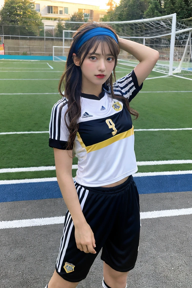 1 beautiful girl , masterpiece, high quality, best quality, extremely detailed,(((wearing black and blue stripe soccer wear))),hairband ,((Ample Breasts)),  Diminutive Height