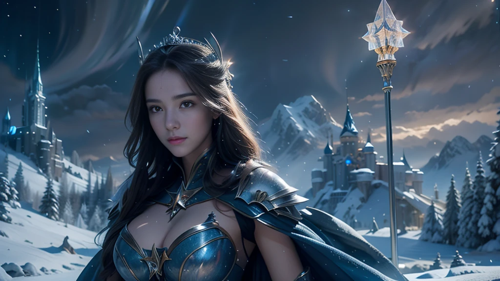 masterpiece, rest, best quality, Very detailed, Super real, 16K, high resolution, castle，snow, ((Starry Sky)),Female Mage，Gorgeous armor，Complex Mode，Large Breasts，Pretty Face，dramatic，Half-length photo，Glowing scepter