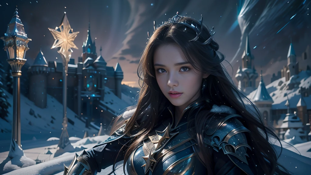 masterpiece, rest, best quality, Very detailed, Super real, 16K, high resolution, castle，snow, ((Starry Sky)),Female Mage，Gorgeous armor，Complex Mode，Large Breasts，Pretty Face，dramatic，Half-length photo，Glowing scepter