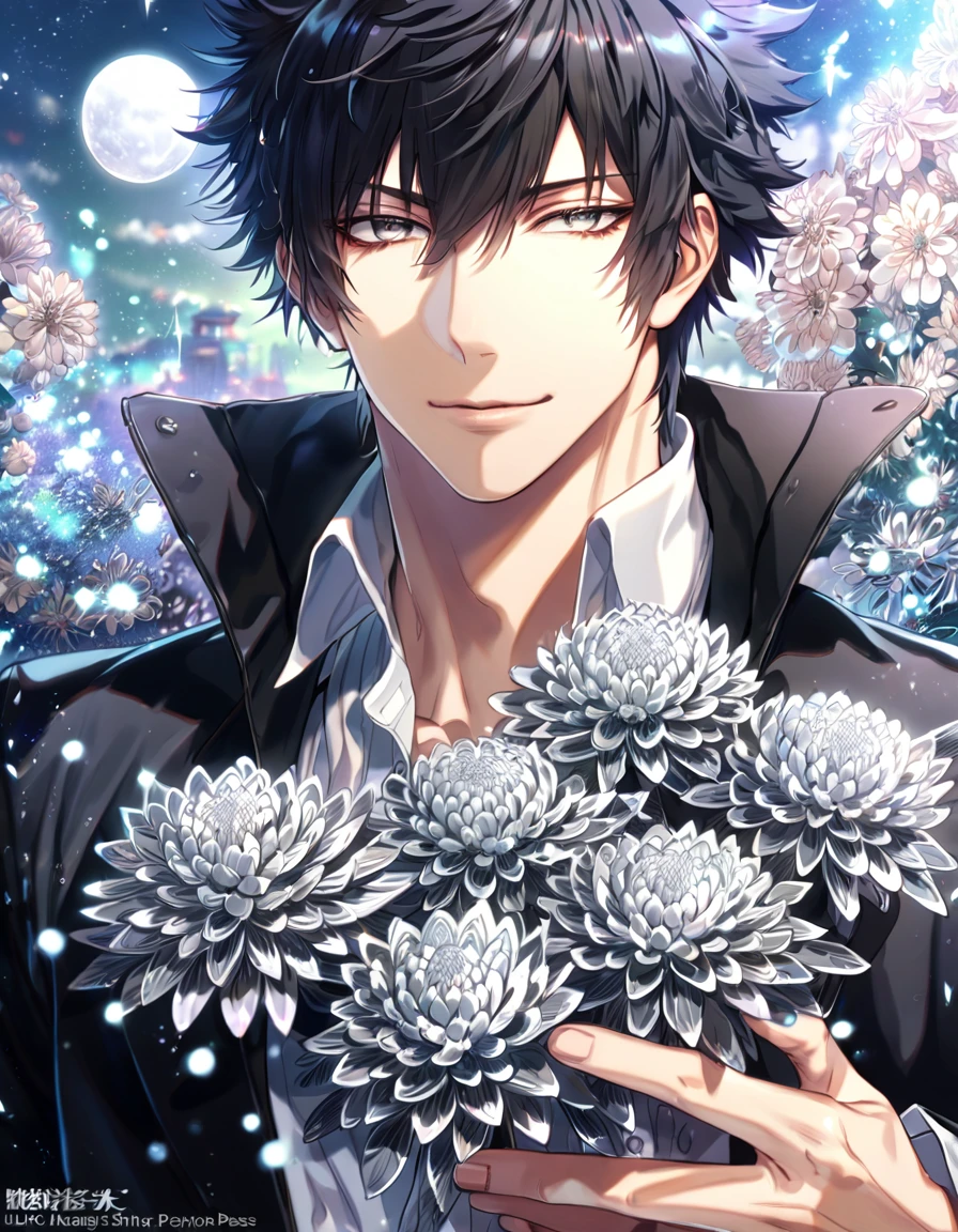 absurdres, highres, ultra detailed, HDR, master piece, best quality, extremely detailed, Kougami Shinya, black hair, expressive gray eyes, Psycho Pass, solo, sexy man, handsome, smile, black jacket, white shirt, fantasy, water, sparkling, silver glittering fireflies, silver moon, silver blossoms, silver chrysanthemums, silver sparkling lights, starry sky, magical