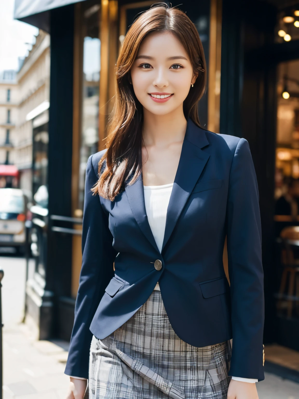 ((table top:1.4, highest quality)), (realistic pictures:1.4),
((1 girl)),
(超High resolution:1.2), very delicate and beautiful, wonderful,
Highly detailed CG Unity 8k wallpaper, Super detailed, High resolution, soft light,
beautiful detailed girl, highly detailed eyes and face, beautifully detailed nose, beautiful and detailed eyes,
(navy blue business suit, skirt:1.4),
cinematic lighting, perfect anatomy, slender body, thin chest,
(Stand in front of a fashionable café in Paris:1.3), (daytime:1.4), (outdoors:1.3),
cowboy shot, looking at the viewer, smile, Random body orientation,