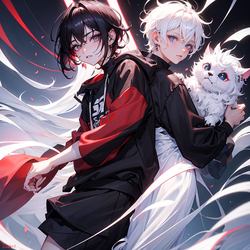 shorth hair, Pixie, reddish eyes, Bblack hair, best qualityer, 8K, looking at the observer, medium locks, Kizi, long eyelash, white eyelash, cheek piercing, mouth piercing, black sweatshirt, white long sleeves.