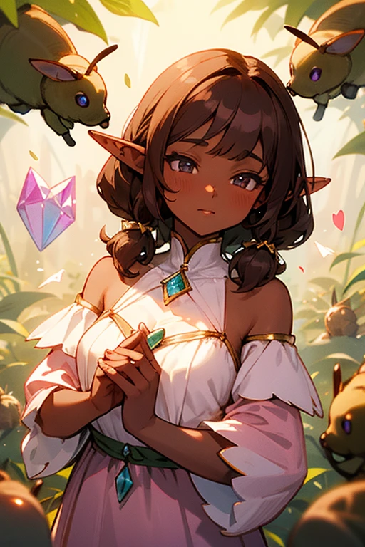 elf dark skin shoulder-length brown hair with straight bangs, Chubby complexion dressed in a romantic pastel colored dress with piercings in her ears and a heart crystal in her hands with bees around her little chest