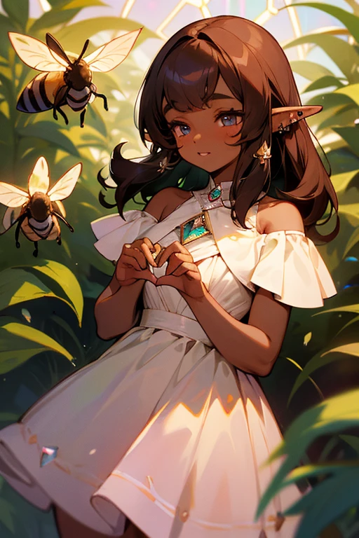 elf dark skin shoulder-length brown hair with straight bangs, Chubby complexion dressed in a romantic pastel colored dress with piercings in her ears and a heart crystal in her hands with bees around her little chest