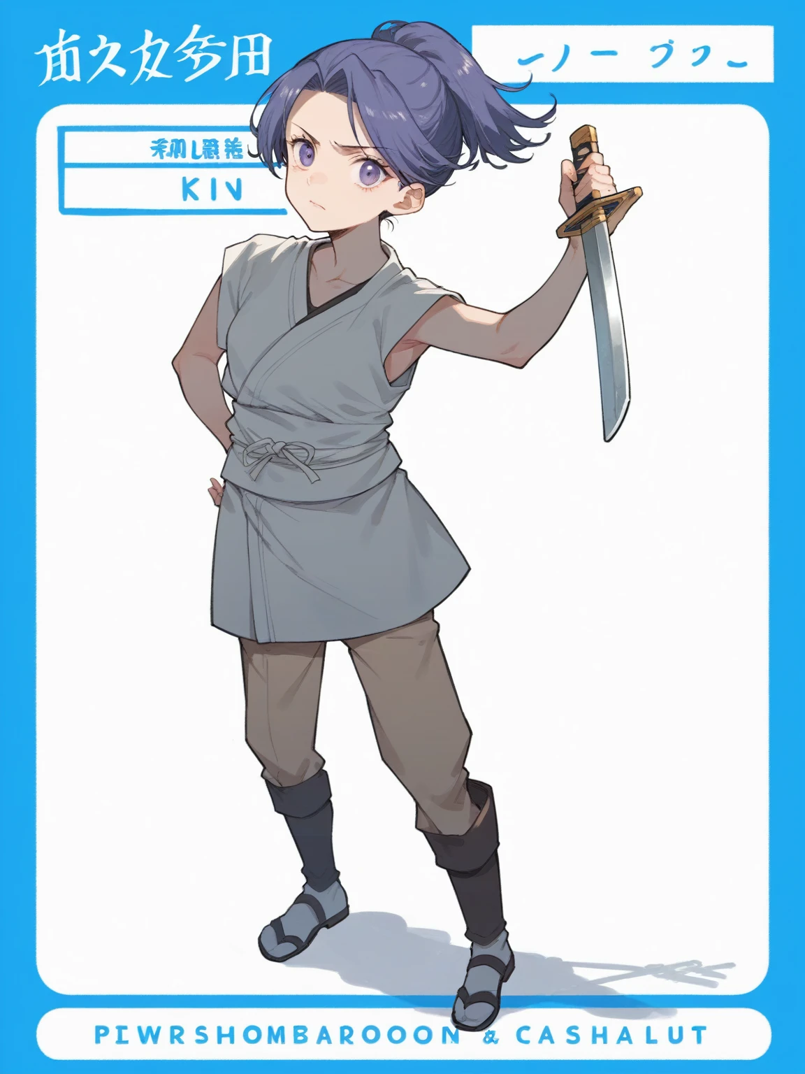 anime character with sword in hand and blue background, female protagonist 👀 :8, she is holding a sword, she is holding a katana sword, with large sword, she is holding a long staff, anime style character, anime character, full body concept, mitsumayo, nyaruko-san, holding a sword on her shoulder, demon slayer rui fanart