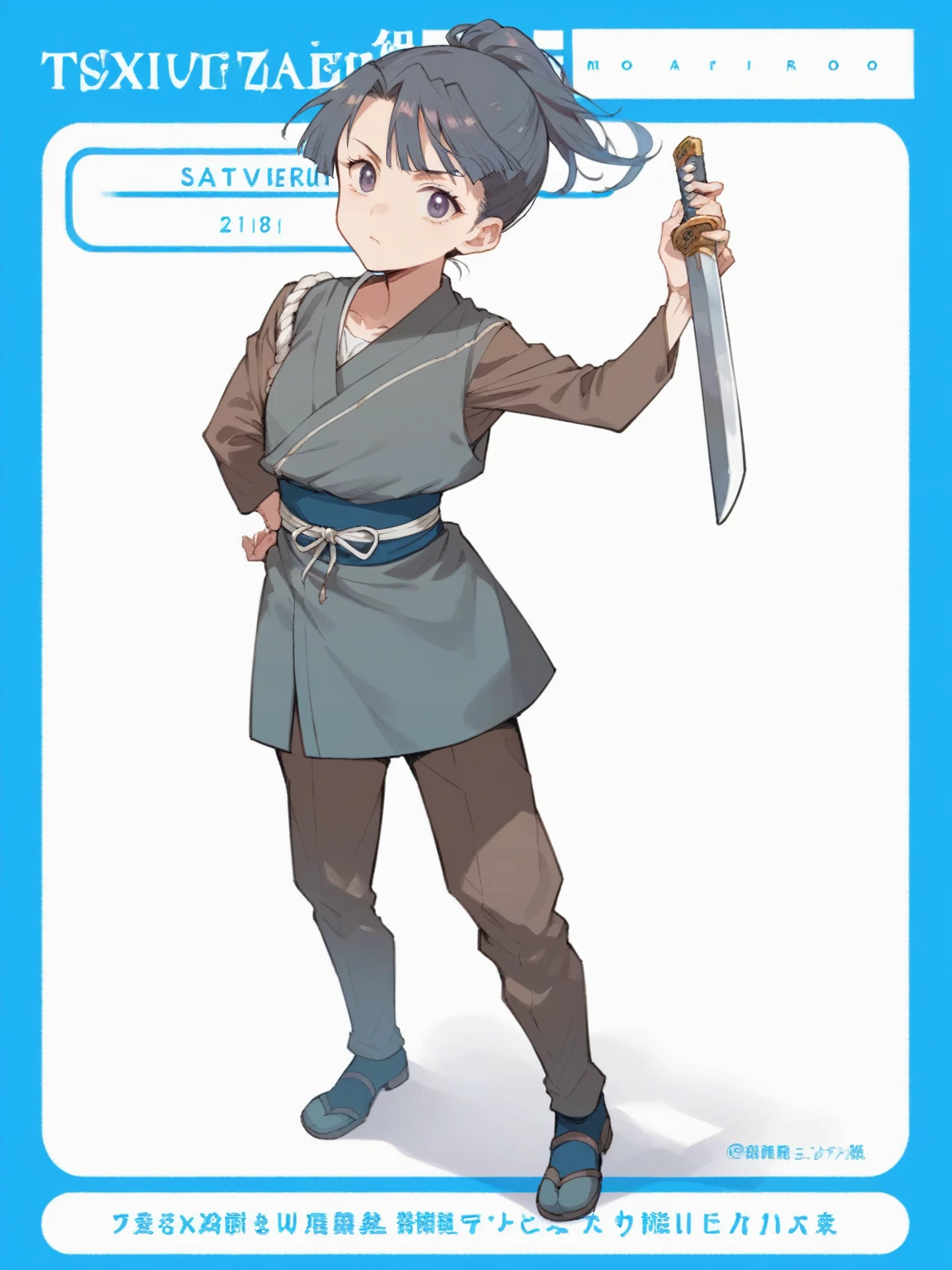 anime character with sword in hand and blue background, female protagonist 👀 :8, she is holding a sword, she is holding a katana sword, with large sword, she is holding a long staff, anime style character, anime character, full body concept, mitsumayo, nyaruko-san, holding a sword on her shoulder, demon slayer rui fanart