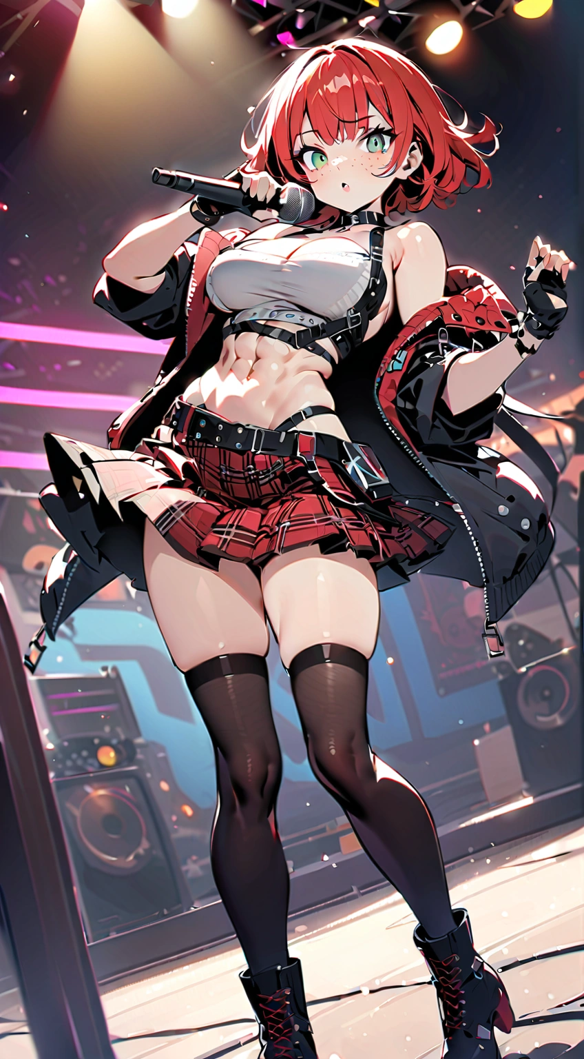 woman, curly red pixie cut hair, green eyes, wearing crop top black shirt, long black jacket, red plaid skirt, (black knee high boots), black fingerless gloves, exposed shoulders, large breasts, freckles, cleavage, abs, looking at viewer, masterpiece, best quality, Holo-Punk Style, singing on stage